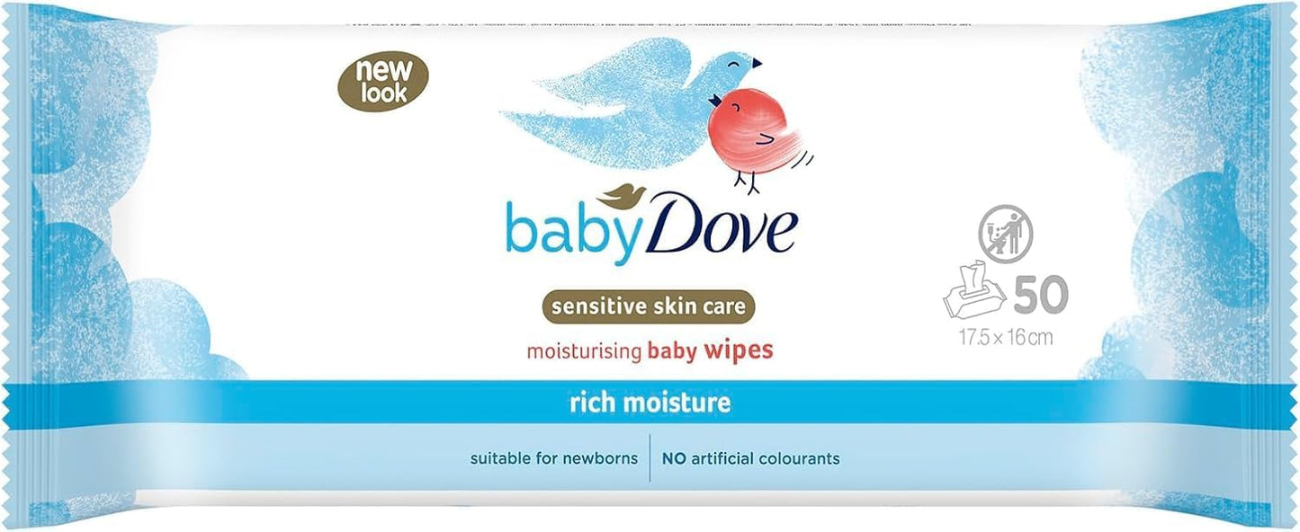 Baby Dove Sensitive Skin Baby Wipes β Rich Moisture, Soft & Gentle Cleansing | Moisturising Wet Tissues for Newborns & Infants | Resealable Travel Friendly | Pack of 12