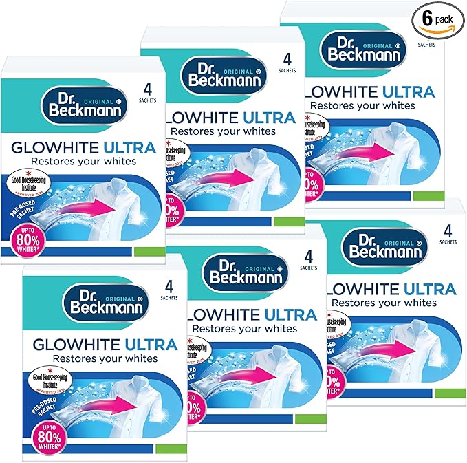 Dr. Beckmann Glowhite Ultra|Maintains brighter white laundry |Treats Greying | 4 x 40 g x 6