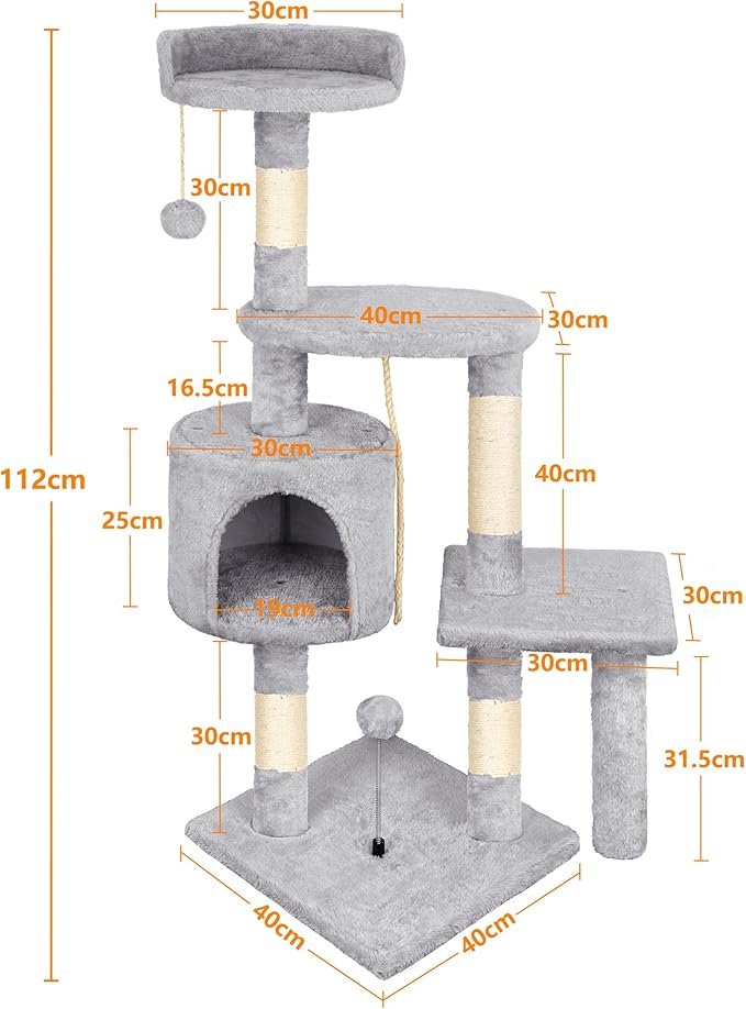 Cat Tree, 112cm Cat Scratching Post for Indoor Cats, Multi-Level Stable Cats Tower with Sisal Scratching Posts, Plush Toy Balls, Cave, Sisal Rope for Kitten Climbing, Playing, Relaxing, Grey