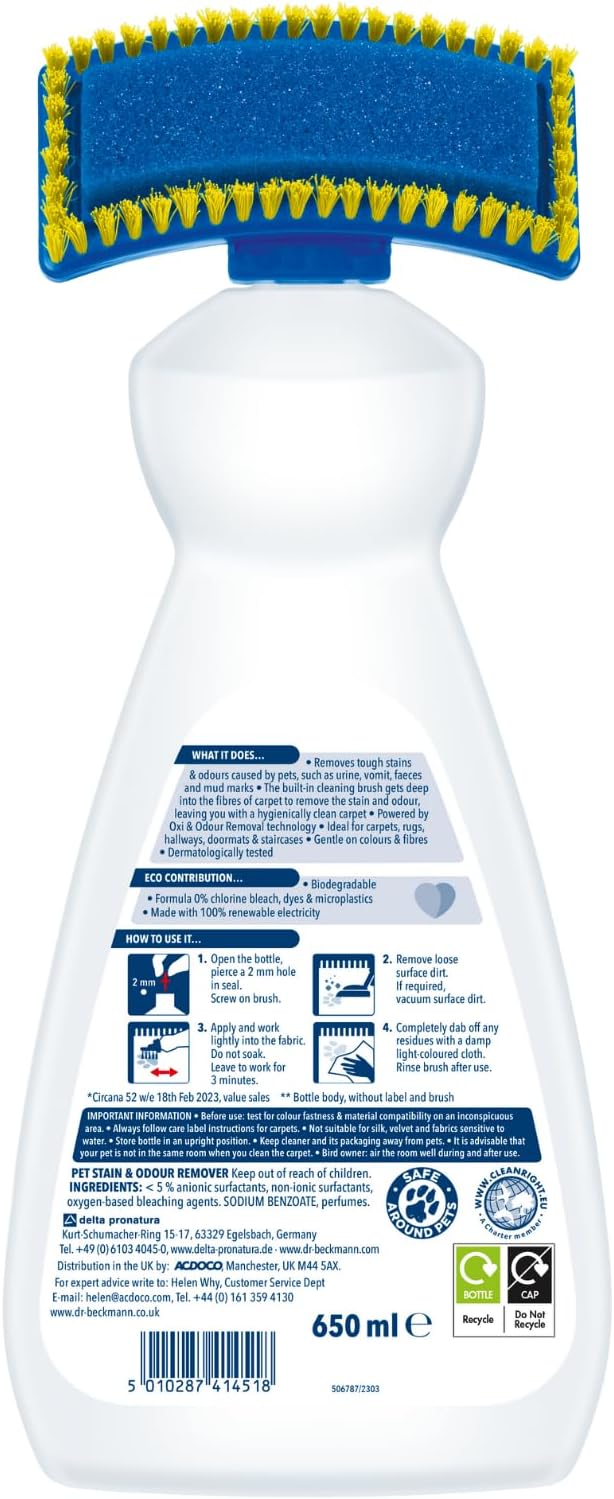 Dr. Beckmann Pet Stain & Odour Remover, Eliminates stains and odours caused by pets, incl. applicator brush, 650 ml