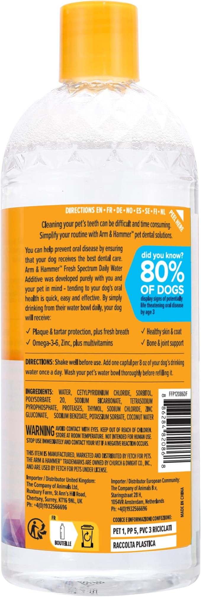 ARM & HAMMER Fresh Spectrum Coconut Mint Dog Water Additive, 473ml, Best Dental Care for Dogs, Removes Plaque & Tartar, Freshens Breath, Gum & Teeth Cleaning, No Brushing, Easy to Use Pet Oral Hygiene
