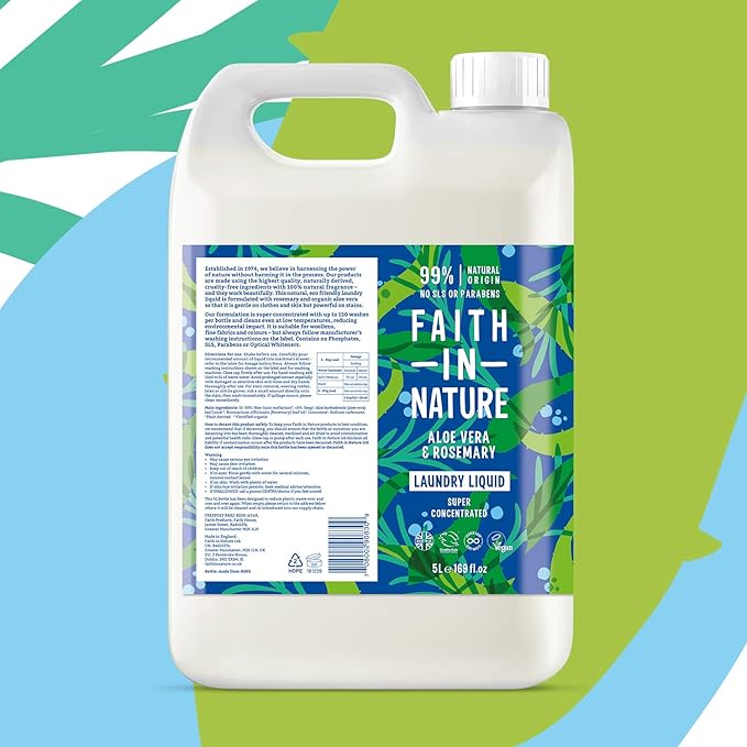Faith In Nature Natural, Super Concentrated, Laundry Liquid with Aloe Vera and Rosemary Oil, Vegan and Cruelty Free, No SLS, Parabens or Phosphates, 5 L Refill Pack, 5 l (Pack of 1)