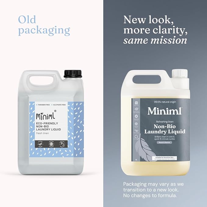 Miniml Eco Laundry Liquid Washing Detergent 5L Refill - Natural Non Bio Fresh Linen Scented Clothes and Fabric Softener for Machine or Delicate Hand Cleaning - 100% Vegan & Cruelty Free (165 Washes)