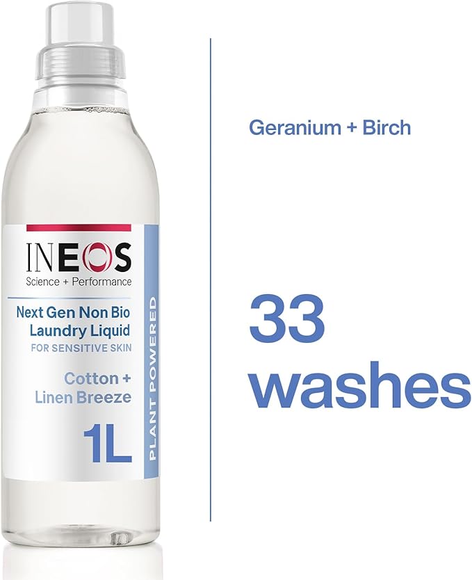 INEOS Non Bio Laundry Washing Liquid Detergent for Sensitive Skin, 198 Washes (6 x 1L) Stain Removal for Clothes, Plant Powered, Stress Relieving Fragrance, Vegan, Cruelty Free, Cotton + Linen Breeze