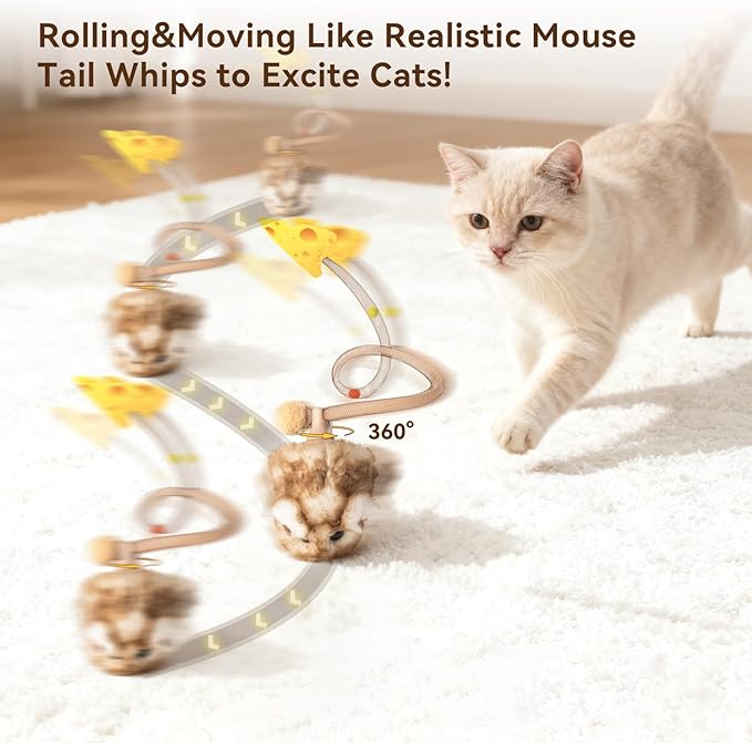 Migipaws Interactive Cat Toy,360° Rolling & Spin Migimouse with Wiggling Tail for Indoor Cats,Smart Motion Sensor, Realistic Squeak, Rechargeable Plush Kitten Toy