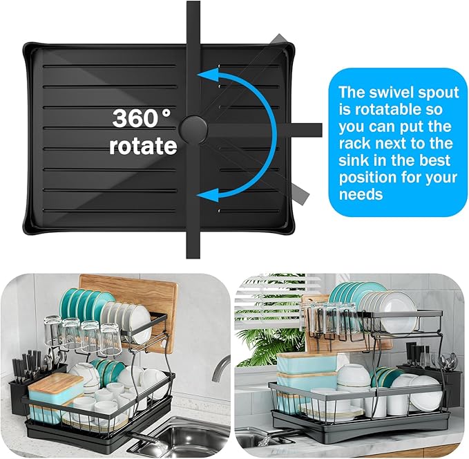 7 code Large Dish Drying Rack for Kitchen Counter,Detachable Large Capacity Dish Drainer Organizer with Utensil Holder,2-Tier Dish Drying Rack with Drain Board,Black