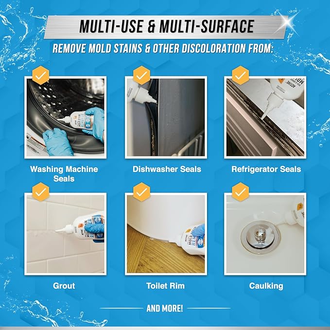 Mould Stain Remover Gel Cleaner - ACTIVE Heavy Duty Stain Cleaner for Front Loader Washing Machine Seal, Rubber Gasket, Bathroom Grout, Shower, Caulk - Front Load Washer Cleaning Solution - 7 Fl Oz