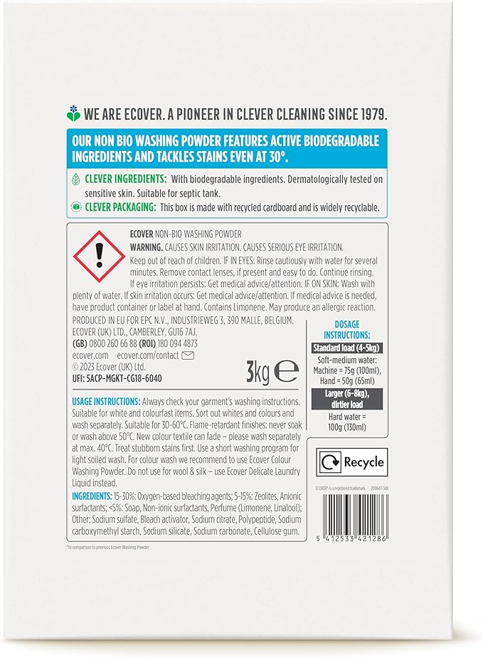 Ecover Non-Bio Laundry Detergent Powder, Laundry Washing Detergent, Fresh Lavender and Eucalyptus Scent, 1 x 40 Washes, 1 x 3 kg,