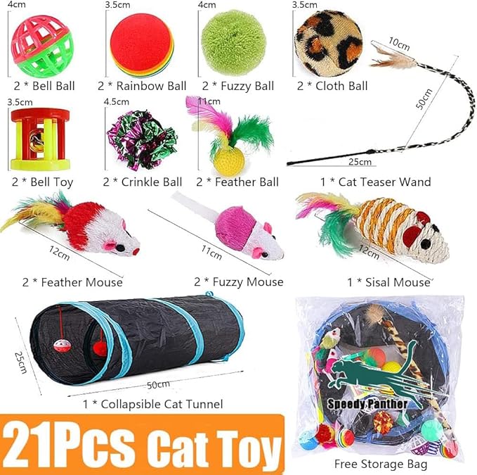 Speedy Panther 21 Pcs Cat Toys for Indoor Cats Collapsible Cat Tunnel Interactive Feather Teaser Wand Ball Toy for Kitten Cats