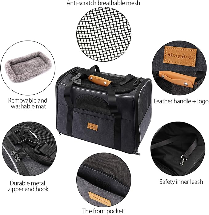 Morpilot Cat Carrier - Airline Approved, Top Opening Portable Dog Bag with Breathable Mesh/Removable Mat, Adjustable Shoulder Strap & Bowl, Foldable Travel Cage, M, Grey (Max 7kg)
