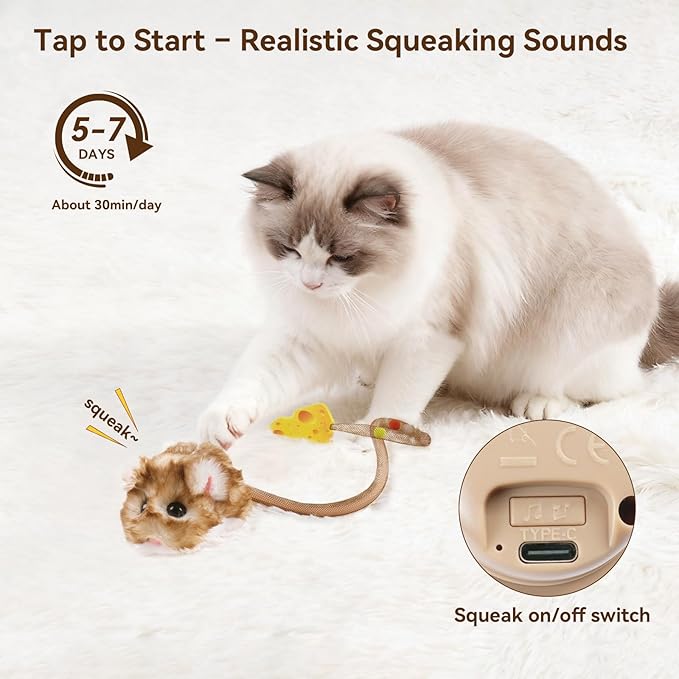 Migipaws Interactive Cat Toy,360° Rolling & Spin Migimouse with Wiggling Tail for Indoor Cats,Smart Motion Sensor, Realistic Squeak, Rechargeable Plush Kitten Toy