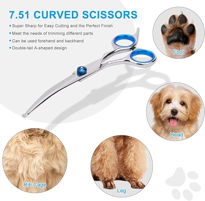 Dog Grooming Scissors with Safety Round Tip, Pet Dog Cat Curved Grooming Shears Scissors, Stainless Steel Pet Grooming Tools (Silver Down Curved Scissor)