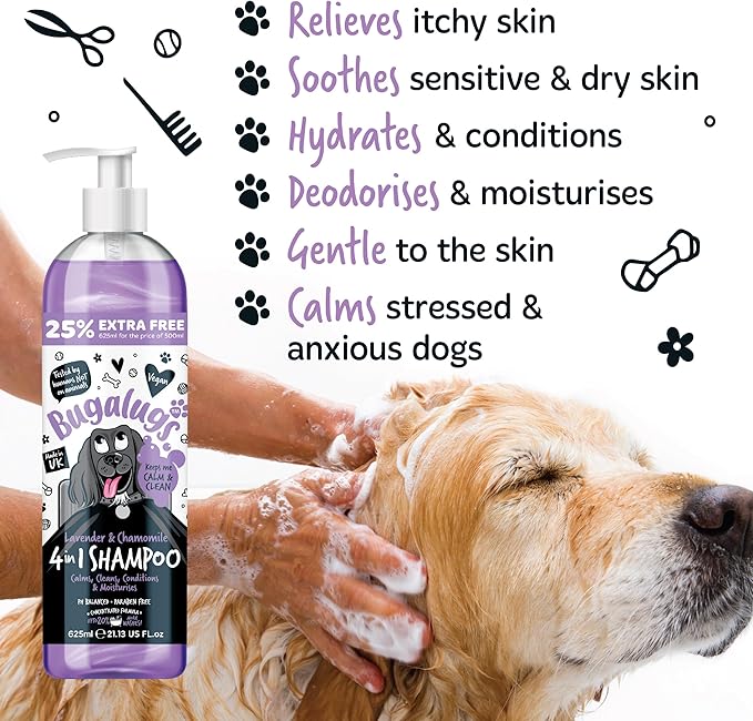 Bugalugs Lavender & Chamomile 4-in-1 Dog Shampoo and Conditioner - Professional Pet Grooming for Smelly Puppies - Vegan Formula (625ml)