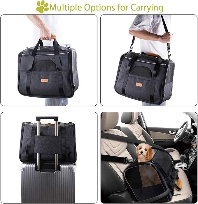 Morpilot Cat Carrier - Airline Approved, Top Opening Portable Dog Bag with Breathable Mesh/Removable Mat, Adjustable Shoulder Strap & Bowl, Foldable Travel Cage, M, Grey (Max 7kg)