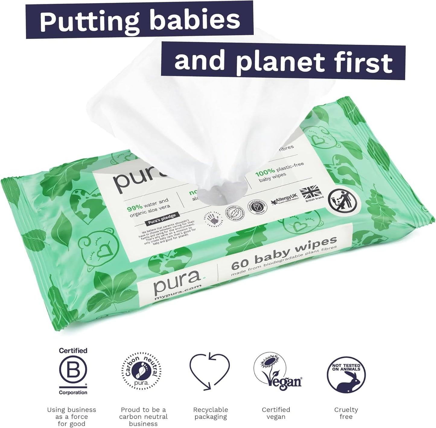 Eco Friendly Baby Water Wipes – 99% Water, 100% Plastic Free, Biodegradable & Compostable | Vegan, Fragrance Free, Suitable for Sensitive, Eczema Prone & Newborn Skin | 60 Pack