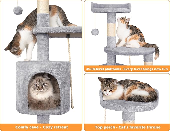 Cat Tree, 112cm Cat Scratching Post for Indoor Cats, Multi-Level Stable Cats Tower with Sisal Scratching Posts, Plush Toy Balls, Cave, Sisal Rope for Kitten Climbing, Playing, Relaxing, Grey