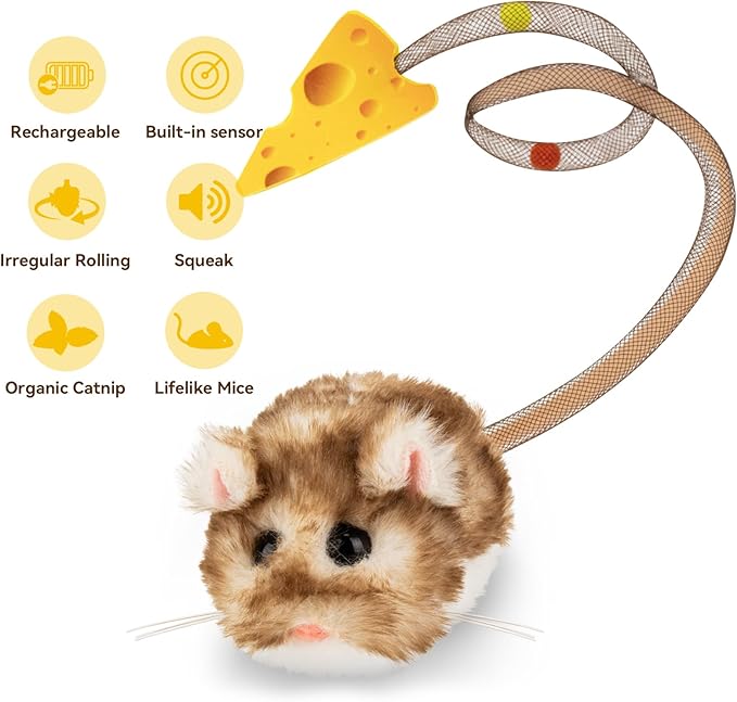 Migipaws Interactive Cat Toy,360° Rolling & Spin Migimouse with Wiggling Tail for Indoor Cats,Smart Motion Sensor, Realistic Squeak, Rechargeable Plush Kitten Toy