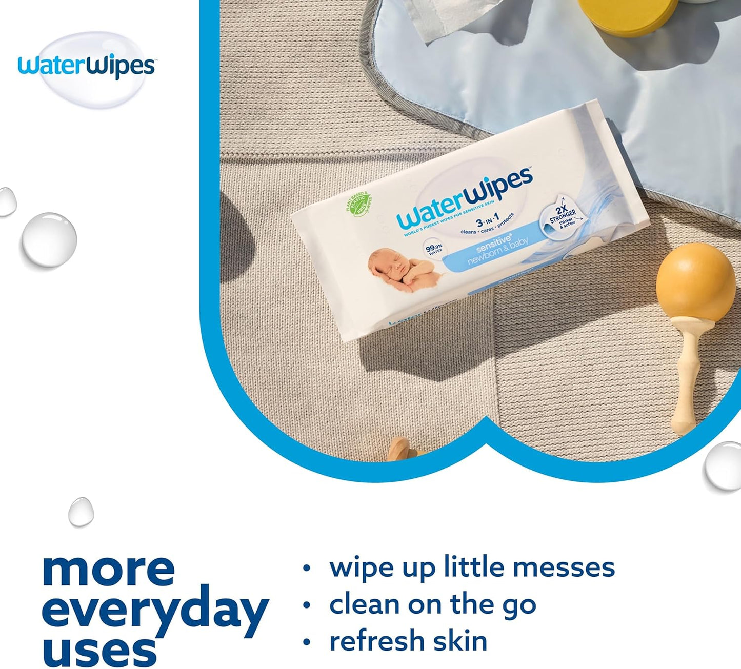 WaterWipes Sensitive+ Newborn & Baby Wipes 360 Count (6 Packs) – 99.9% Pure Water, Unscented, Plastic-Free, 3-in-1 Clean, Care & Protect for Sensitive & Eczema-Prone Skin