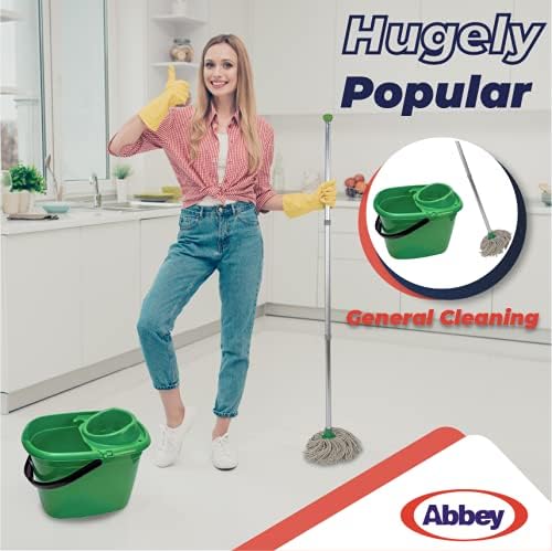 Abbey Professional Mop and Bucket Set Heavy Duty with Wringer and Two Traditional Cotton Mop Heads for Cleaning Floors – Strong Aluminum Mop Handles –Mop Bucket Capacity 12L with Pouring Lip (Yellow)