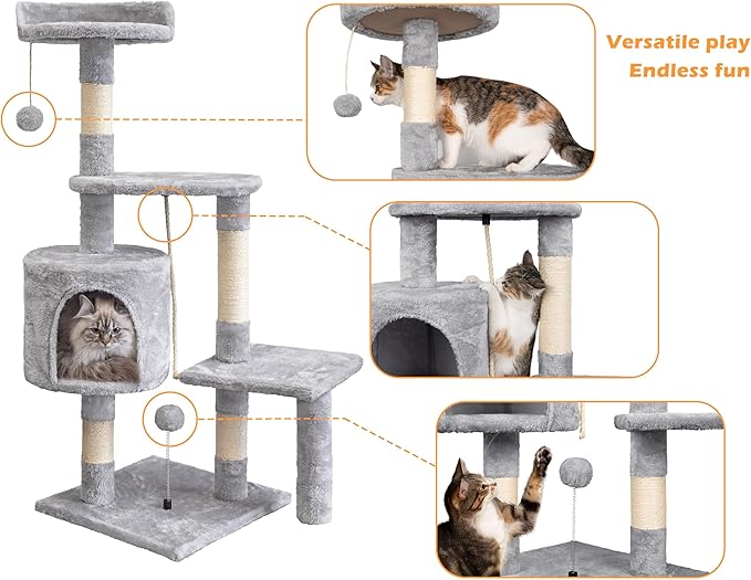 Cat Tree, 112cm Cat Scratching Post for Indoor Cats, Multi-Level Stable Cats Tower with Sisal Scratching Posts, Plush Toy Balls, Cave, Sisal Rope for Kitten Climbing, Playing, Relaxing, Grey
