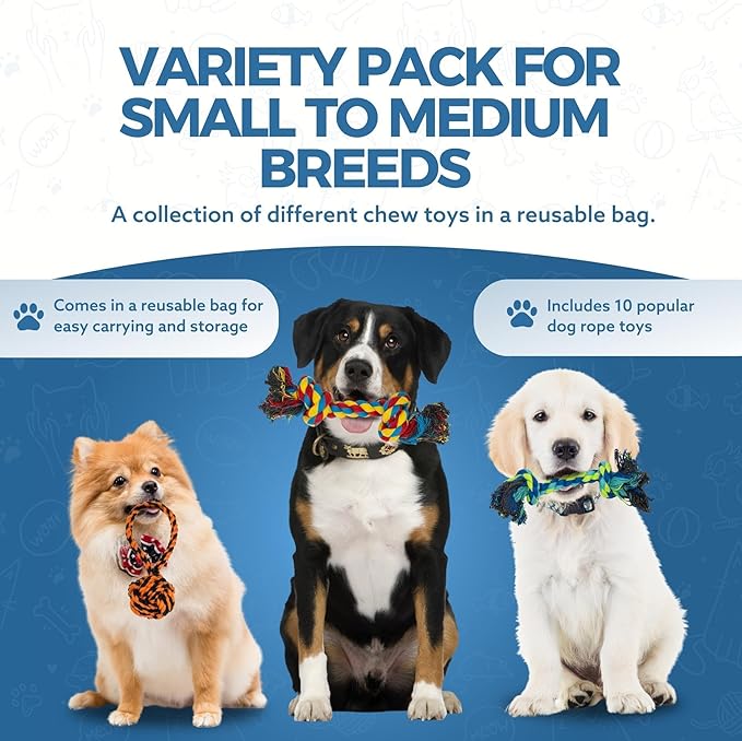 Fur & Bone 10 Pcs Dog Toys - All Breeds Indestructible Dog Toy - Chew Toys for Aggressive Chewers - Natural Cotton Puppy Tug of War Rope - for Boredom, Pulling, Teeth Cleaning