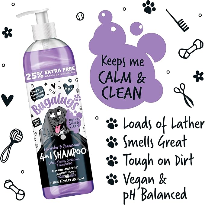 Bugalugs Lavender & Chamomile 4-in-1 Dog Shampoo and Conditioner - Professional Pet Grooming for Smelly Puppies - Vegan Formula (625ml)