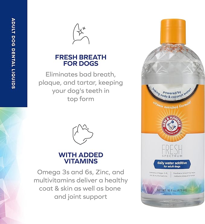 ARM & HAMMER Fresh Spectrum Coconut Mint Dog Water Additive, 473ml, Best Dental Care for Dogs, Removes Plaque & Tartar, Freshens Breath, Gum & Teeth Cleaning, No Brushing, Easy to Use Pet Oral Hygiene