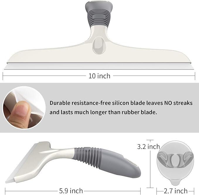 MR.SIGA Multi-Purpose Silicon Squeegee for Window, Glass, Shower Door, Car Windshield, Heavy Duty Window Scrubber, Includes Suction Hook, 10 inch, White & Grey, 2 Pack