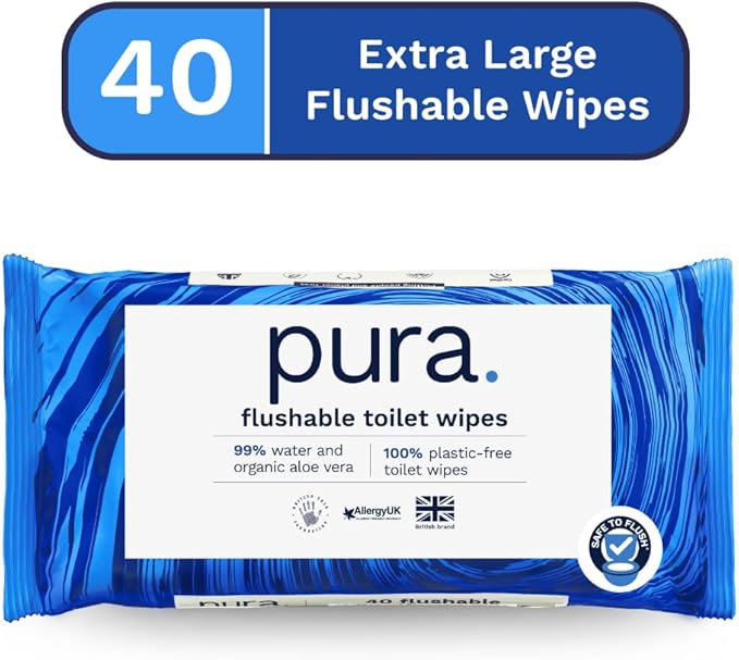Pura Flushable Moist Toilet Tissue Wipes, 1 Pack of 40 Wet Wipes, 100% Plastic Free, 99% Water Clean Washlets, Certified ‘Fine to Flush’ Biodegradable, Compostable, Vegan, Gentle Clean