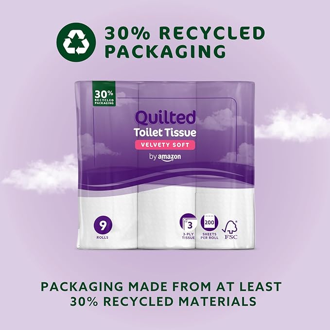 Toilet Roll, 3-ply Quilted, Velvety Soft, 45 Rolls (5 Packs of 9), 200 Sheets per Roll, FSC Certified