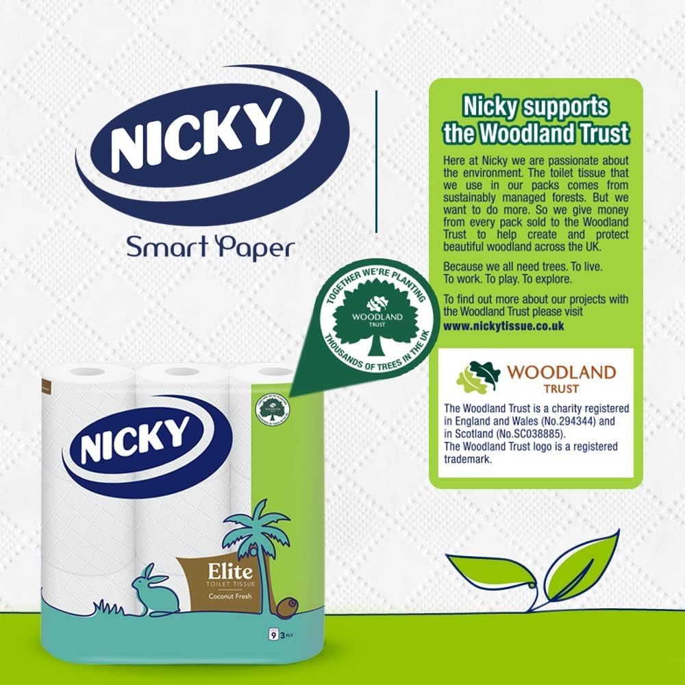 Nicky Elite Coconut Fresh Toilet Tissue - 45 Rolls of White Toilet Paper, 168 Sheets per Roll, 3-Ply, Exotic Coconut Scent, Softeness and Comfort to The Skin, 100% FSC Certified Paper, Easy Open Pack