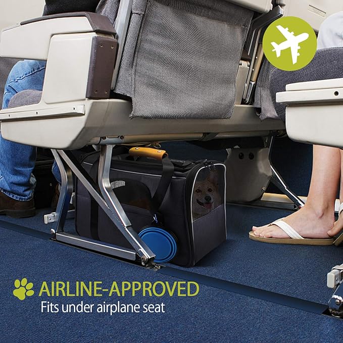 Morpilot Cat Carrier - Airline Approved, Top Opening Portable Dog Bag with Breathable Mesh/Removable Mat, Adjustable Shoulder Strap & Bowl, Foldable Travel Cage, M, Grey (Max 7kg)