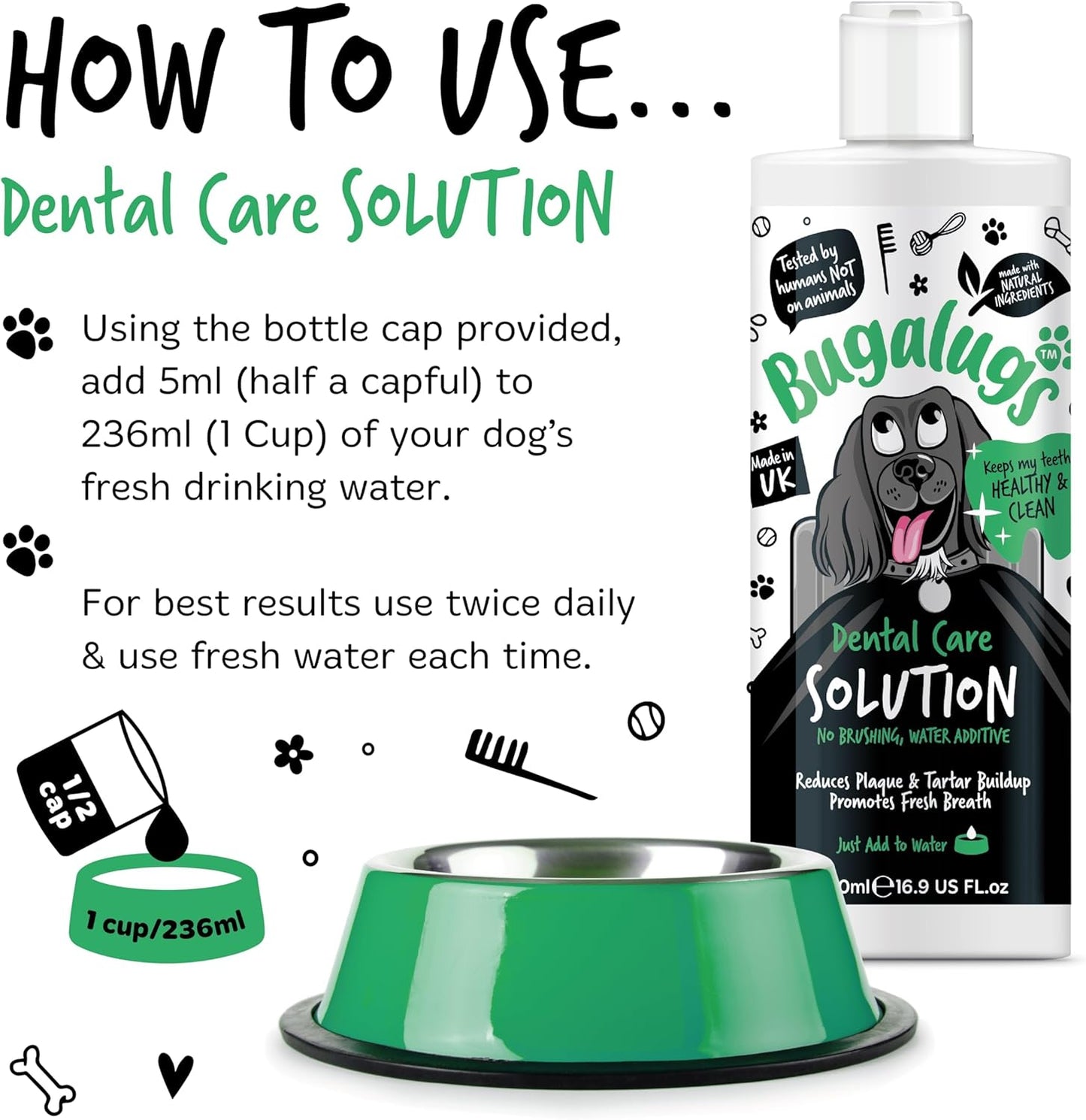 BUGALUGS Dog Breath Freshener Dental Care Water Additive. Clean Teeth, Healthy Gums & Fresh Breath - Natural Dog plaque remover & tartar remover for teeth - No Brushing Needed 500ml