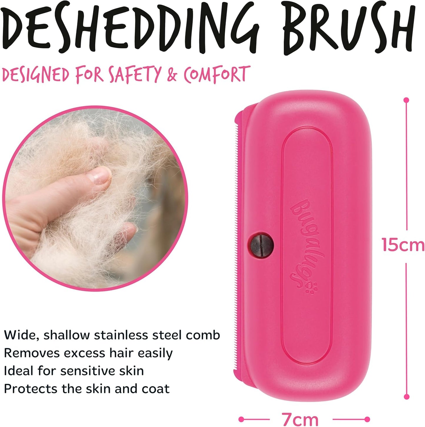 Bugalugs Deshedding Brush for Dogs, Cats, Horses - Pet Grooming Tool that is Gentle & Effective With Wide Shallow Comb, Smooth Groomer for Dog, Cat and Horse