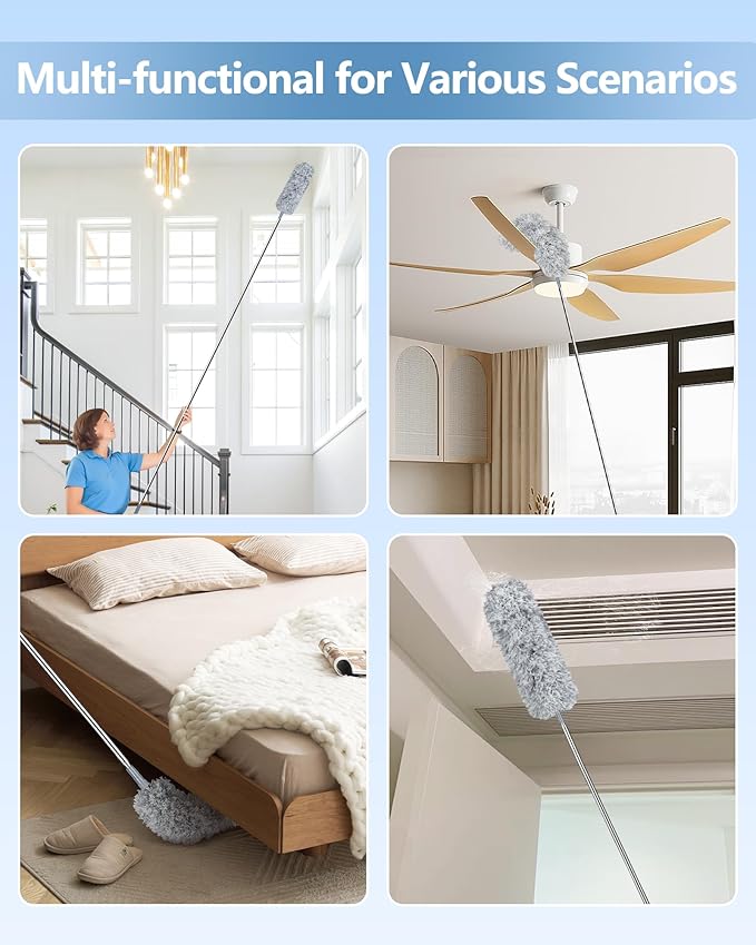 2026 Upgraded Extendable Feather Duster with Soft Silicone Cap, Telescopic Long Handled Microfiber Dusters for Cleaning, Cobweb High Ceiling Fan Roof Blinds Cars, Washable & Bendable