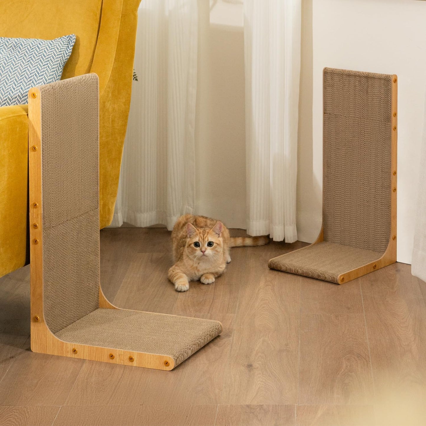 Conlun Cardboard Cat Scratcher,58 cm L Shape Scratch Pad Wall Mounted,Vertical Scratching Post Durable Cardboard to Protect Furniture for Indoor Cats,Wood Grain Large