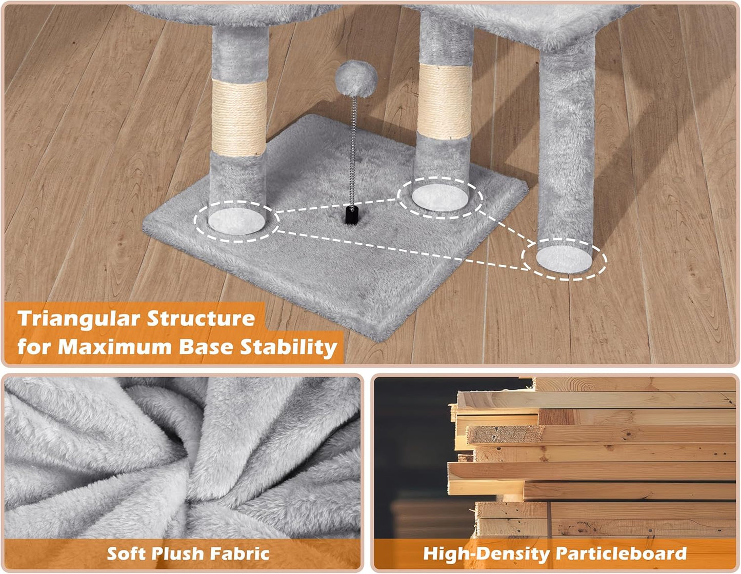 Cat Tree, 112cm Cat Scratching Post for Indoor Cats, Multi-Level Stable Cats Tower with Sisal Scratching Posts, Plush Toy Balls, Cave, Sisal Rope for Kitten Climbing, Playing, Relaxing, Grey