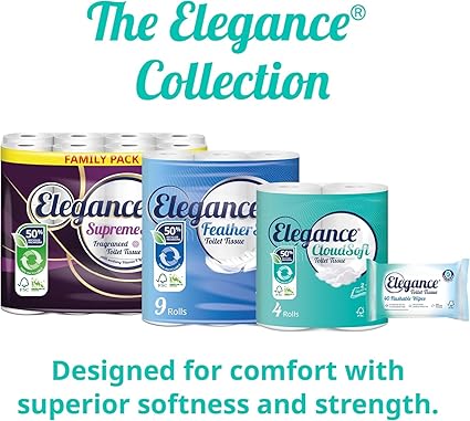 Elegance Cloud Soft Toilet Roll - Bulk Buy Pack of 54 Rolls - Soft, 2-Ply, Recycled, Eco-Friendly, UK Manufactured