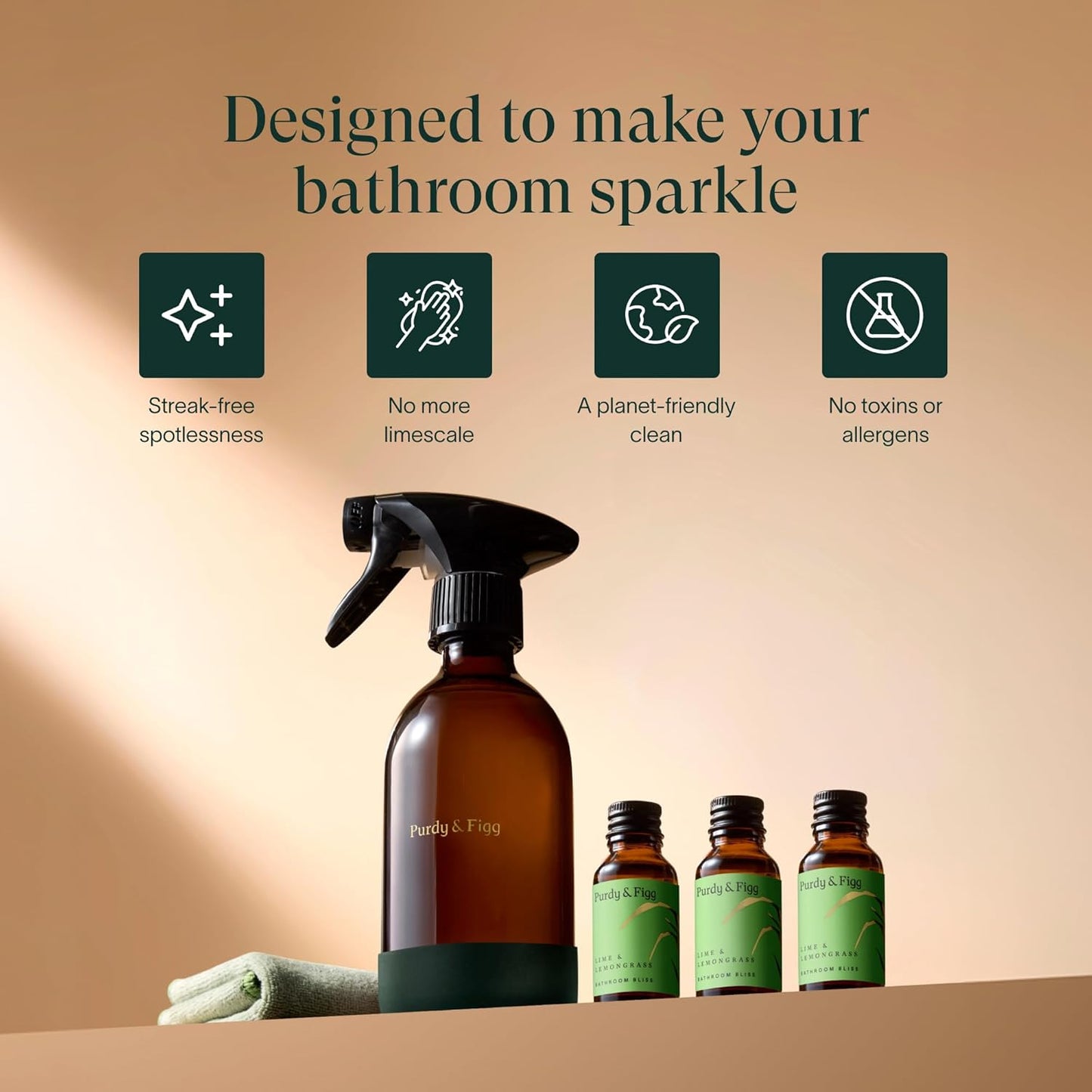 Purdy & Figg | Bathroom Bliss Starter Kit | All-Natural Non-Toxic Bathroom & Shower Cleaner | Streak-Free Surface & Toilet Bowl Cleaner | Limescale & Soap Scum Remover | Lime & Lemongrass Scent