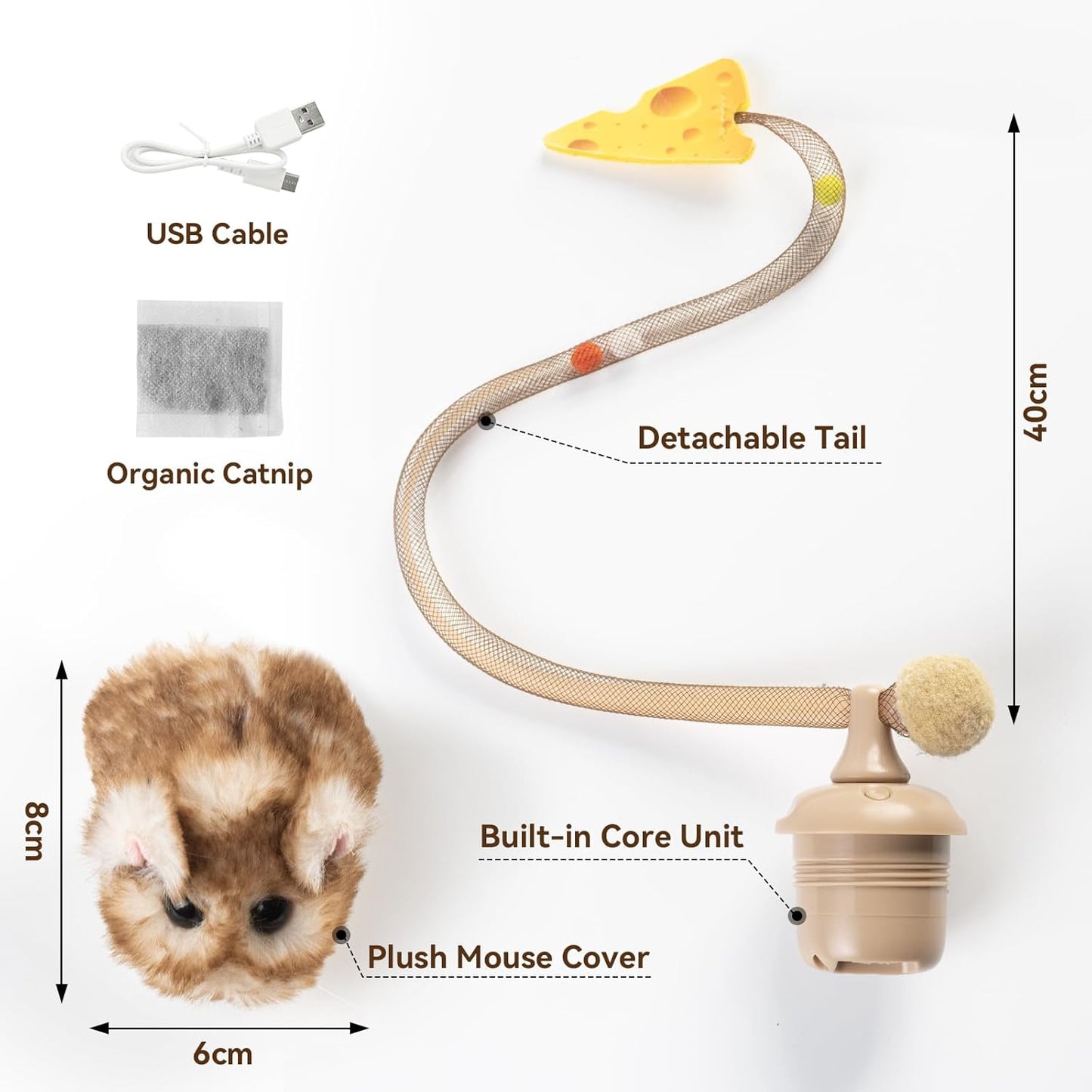 Migipaws Interactive Cat Toy,360° Rolling & Spin Migimouse with Wiggling Tail for Indoor Cats,Smart Motion Sensor, Realistic Squeak, Rechargeable Plush Kitten Toy