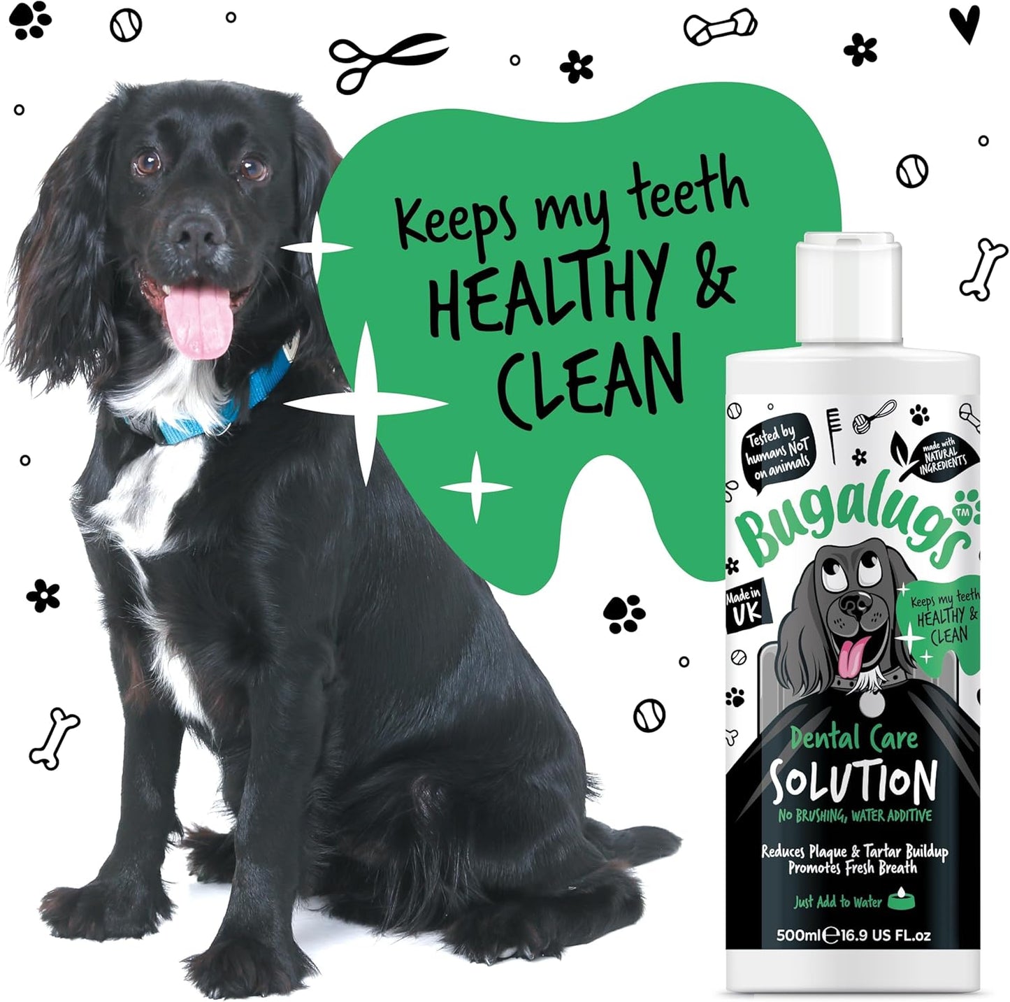 BUGALUGS Dog Breath Freshener Dental Care Water Additive. Clean Teeth, Healthy Gums & Fresh Breath - Natural Dog plaque remover & tartar remover for teeth - No Brushing Needed 500ml