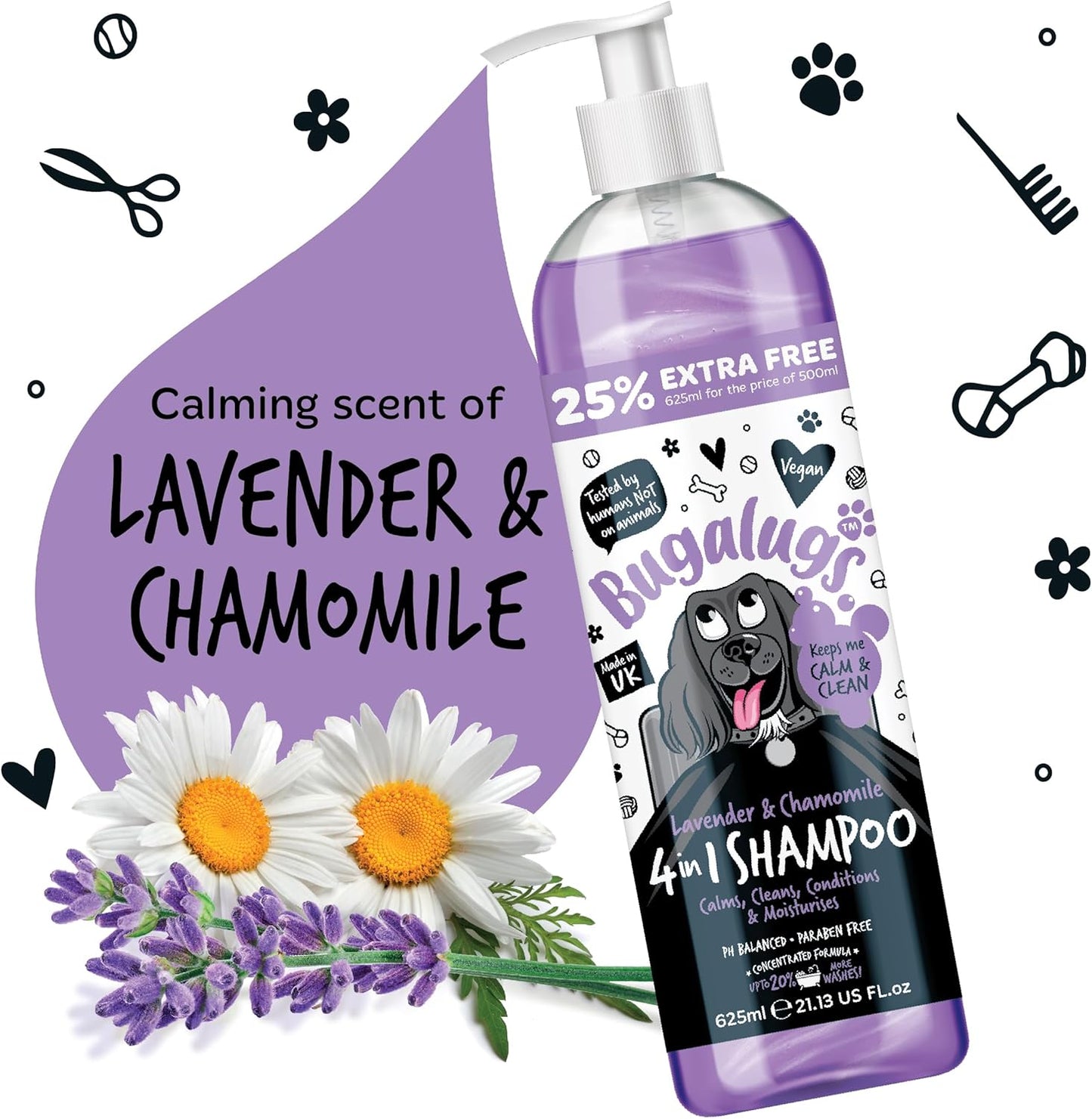 Bugalugs Lavender & Chamomile 4-in-1 Dog Shampoo and Conditioner - Professional Pet Grooming for Smelly Puppies - Vegan Formula (625ml)