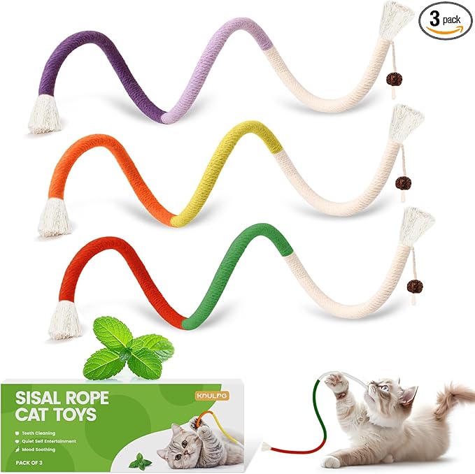 Natural Catnip Chew Rope for Cats – Pack of 3 (27 Inches Each) | Includes Refillable Catnip Pouch | Interactive Cat Toys for Indoor Cats & Kittens | Stress Relief, Dental Health & Enrichment Play