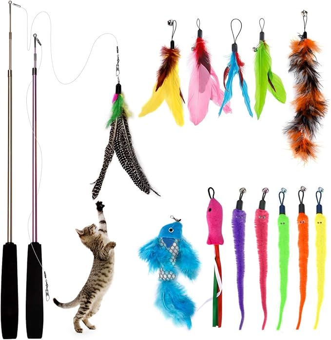 Cat Toys for Indoor Cats Adult: Interactive Kitten Feather Wand Toys - 15Pcs Cat Teaser Toys