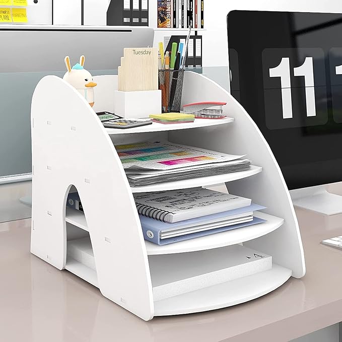 PUNCIA 4-Tier Letter Tray Desk Organiser A4 File Rack Paper Sorter Storage Desktop White Office Supplies Mail File Holder Document Notebook Stationery Storage Rack for Home Office School