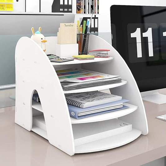PUNCIA 4-Tier Letter Tray Desk Organiser A4 File Rack Paper Sorter Storage Desktop White Office Supplies Mail File Holder Document Notebook Stationery Storage Rack for Home Office School