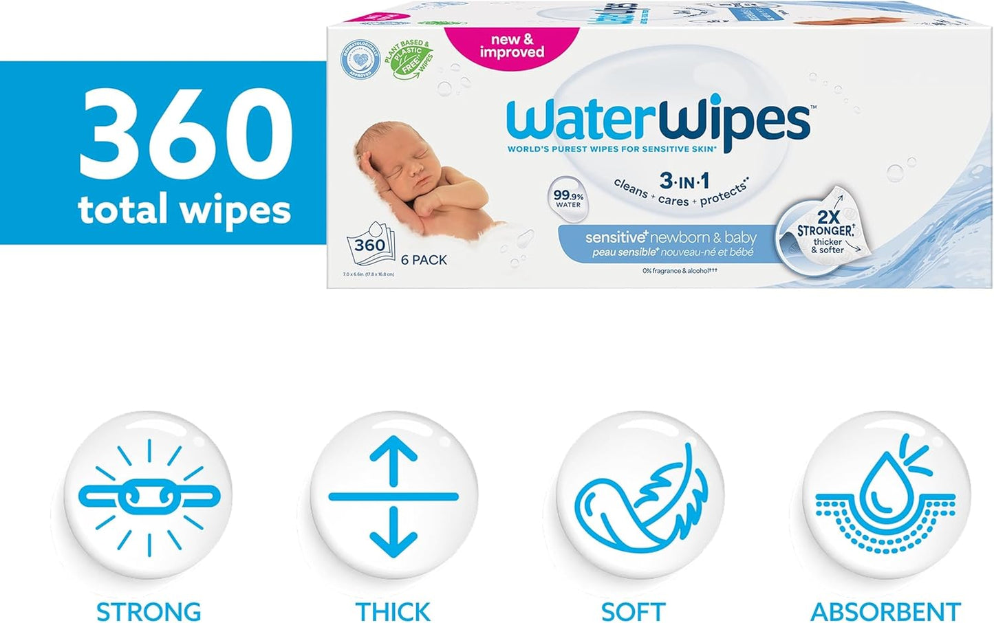 WaterWipes Sensitive+ Newborn & Baby Wipes 360 Count (6 Packs) – 99.9% Pure Water, Unscented, Plastic-Free, 3-in-1 Clean, Care & Protect for Sensitive & Eczema-Prone Skin