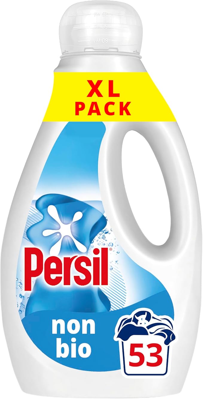 Persil Non Bio Laundry Washing Liquid Detergent outstanding stain removal in quick & cold washes tough on stains, gentle next to sensitive skin 53 washes (1.431 L), Packaging May Vary