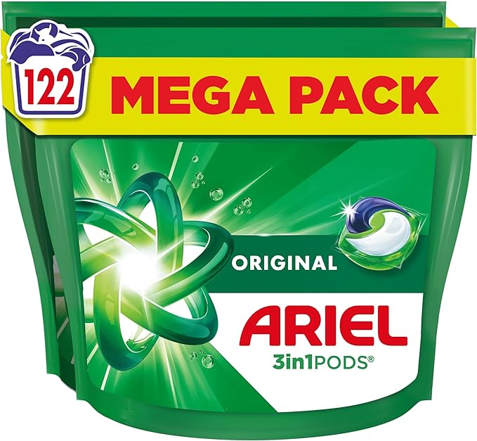 Ariel All-in-1 PODS®, Washing Liquid Laundry Detergent Capsules 122 Washes (61x2), Original, Outstanding Stain Removal In 1 Wash, Brrrilliant In Cold & Short