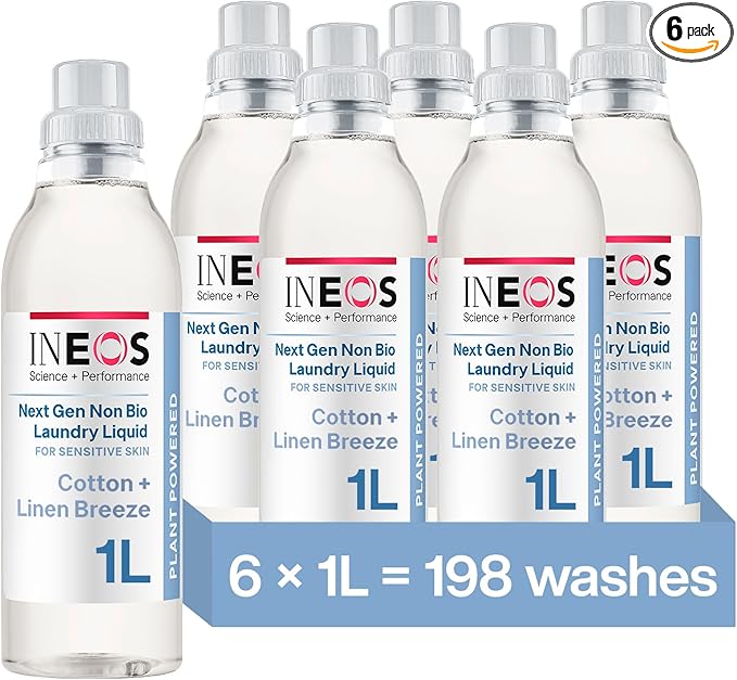 INEOS Non Bio Laundry Washing Liquid Detergent for Sensitive Skin, 198 Washes (6 x 1L) Stain Removal for Clothes, Plant Powered, Stress Relieving Fragrance, Vegan, Cruelty Free, Cotton + Linen Breeze